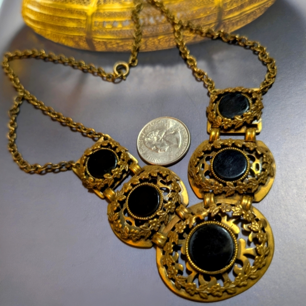 Victorian Mourning Onyx Forget Me Not Wreath Necklace ~ Antique - Picture 7 of 7